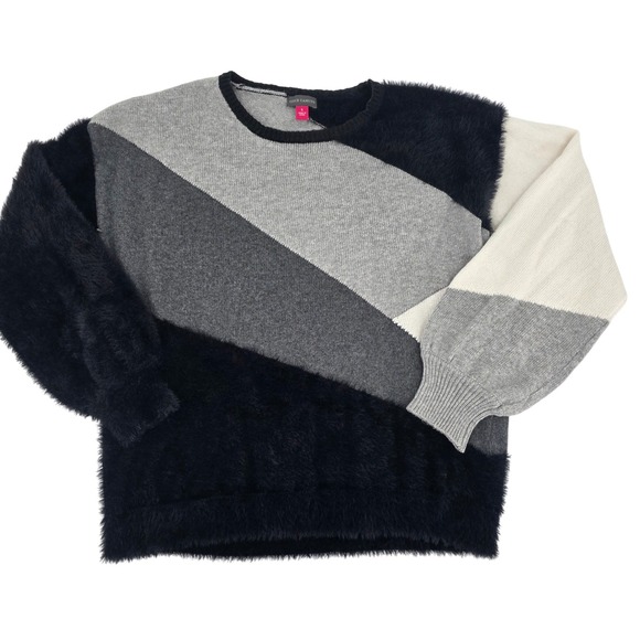 Vince Camuto Color Block Sweater Fuzzy Texture Crew Neck Gray Black White - Picture 1 of 6